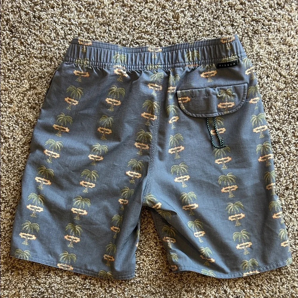 VISSLA Blue Swim Shorts with Green & Tan Palm Print
